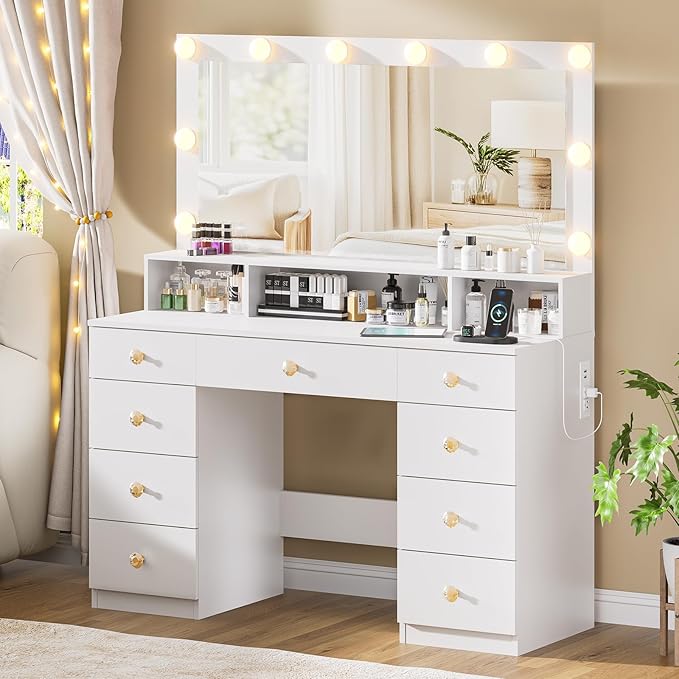 White Vanity with Lighted Mirror, Makeup Vanity Desk with Power Outlet, 9 Drawers & Shelf Storage, 43.3” Large Vanity Desk, Women Girls Vanity Dressing Table for Bedroom Bathroom