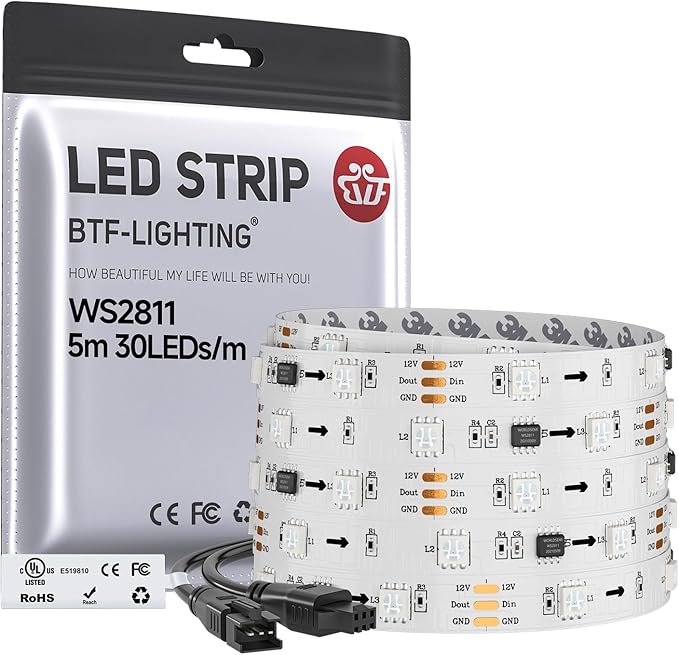 BTF-LIGHTING UL Listed WS2811 IC=RGB+IC Addressable Color RGB LED Strip,16.4FT 30LED/m 10Pixels/m,IP30 White PCB Flexible DC12V Chasing Effect for Indoor Home Decor,3M Tape(No Adapter or Controller)