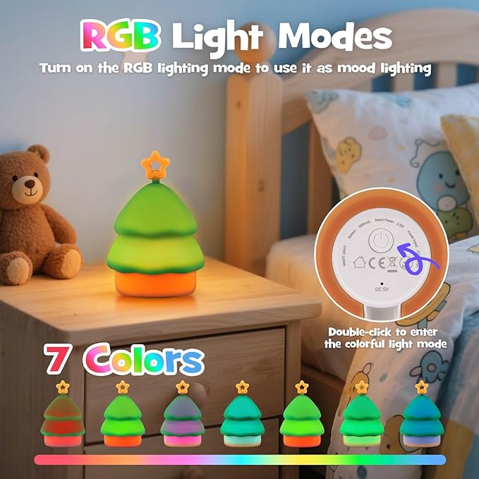 Squishy Christmas Tree Night Light with RGB Modes Dimmable Nursery Breastfeeding Nightlight Hangable Cute Christmas Lamp Novelty Rechargeable Silicone Touch Bedside Lamp for Bedroom Dorm Decor