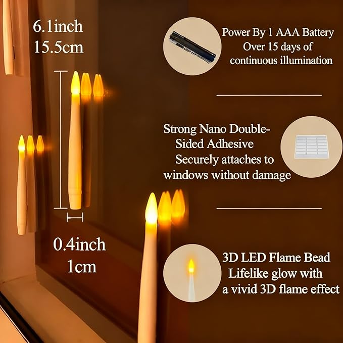 JMTONE 14PC Window Candles with Light Sensor Dusk to Dawn, Window Candles Battery Operated with Nano Adhesive Strip, 6.1" Flameless Taper Candle for Halloween, Christmas, Xmas Holiday Home Decor
