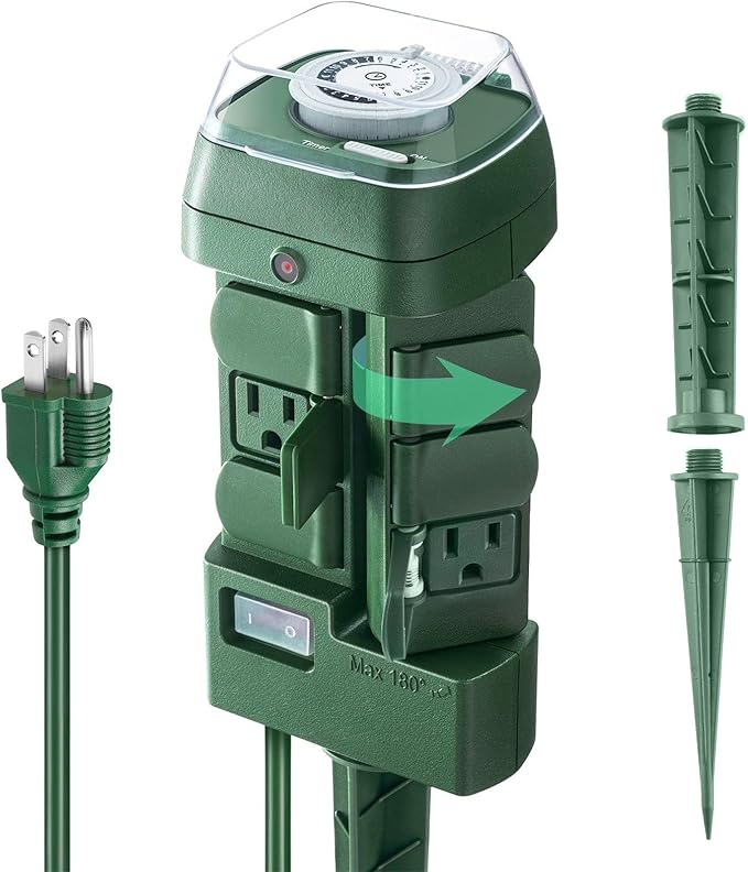 Outdoor Stake Timer Waterproof, 24 Hour Mechanical Power Strip Timer with 6 Outlets(3 180° Rotatable), 6ft Extension Cord Yard Stake Timer for Outdoor Christmas Lights, Heavy Duty, UL Listed