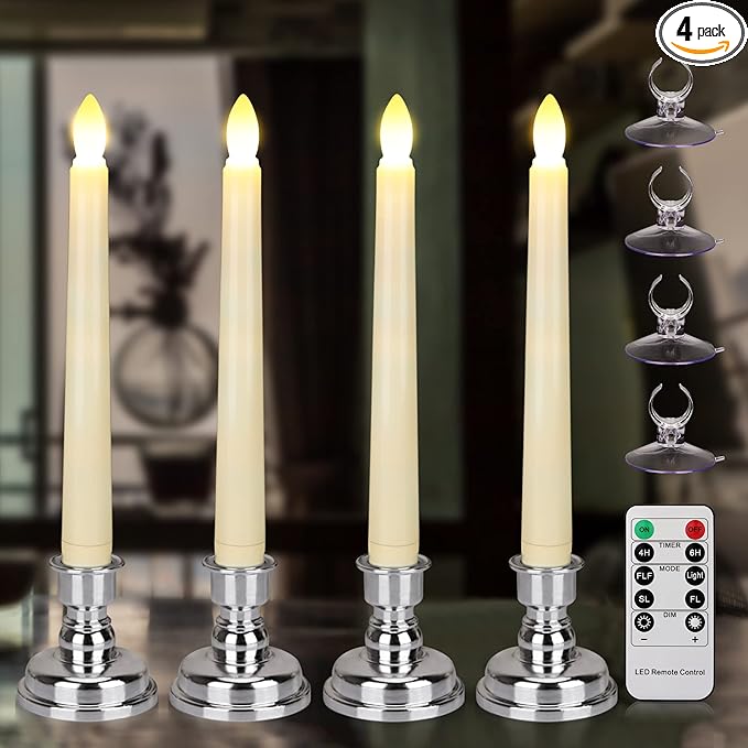 7.9 Inch Flameless Taper Candles Flickering with Timer Remote, Battery Operated LED Window Candles with Removable Base and Suction Cups for Home Christmas Decor, 4PCS Ivory