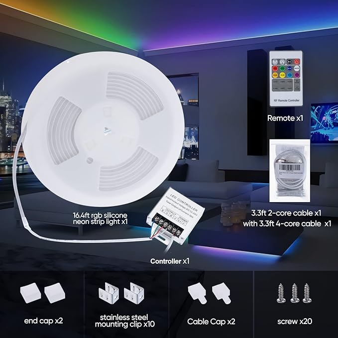 Shine Decor 12V LED RGB Neon Rope Lights Dimmable, 16.4FT Silicone Strip Lighting Remote Control, Flexible Hardwired LED Neon Light Color Changing for Custom Signage Bedroom Gaming Room Party