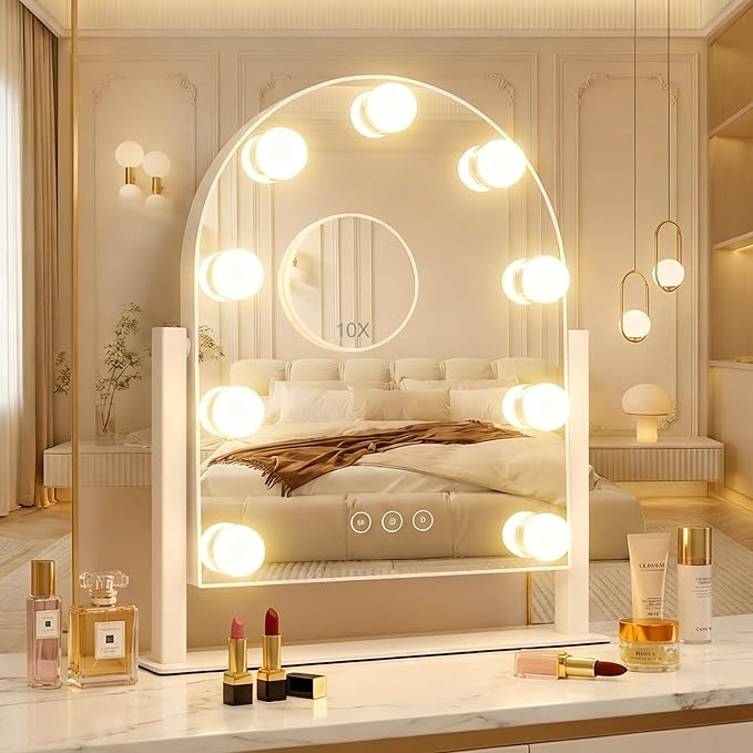 Arched Makeup Vanity Mirror with Lights 14.17"x 11.81" LED Makeup Mirror Detachable 10X Magnification, Hollywood Make Up Mirror with Lighting, Smart Touch, Rechargeable,360° Rotation,(White)
