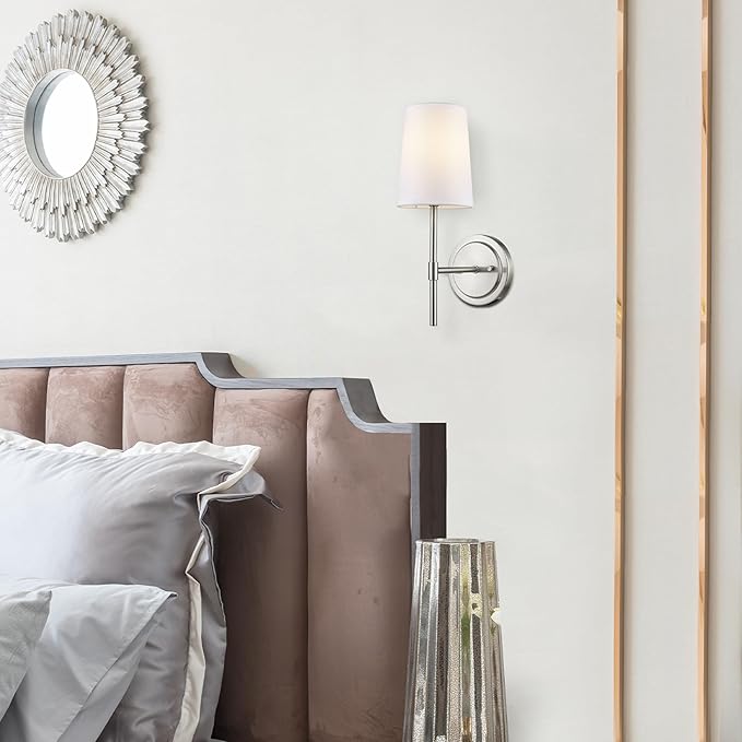 Globe Electric 51858 Clarissa 1-Light Wall Sconce, Brushed Nickel, White Fabric Shade, Bulb Not Included