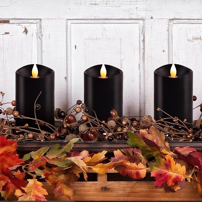 3x5 Flickering Flameless Candles Set of 3, 2AA Battery Life 600 Hours Battery Candles Flickering with Timer,5 inch Flameless Candles with Remote for Indoor/Outdoor, Black