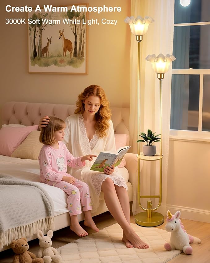 Lightdot Dimmable Flower Floor Lamp with Table for Living Room, Modern Mid Century Gold Metal Tall Standing Lamp for Bedroom/Sofa Beside/Corner Decor (Bulb Included)