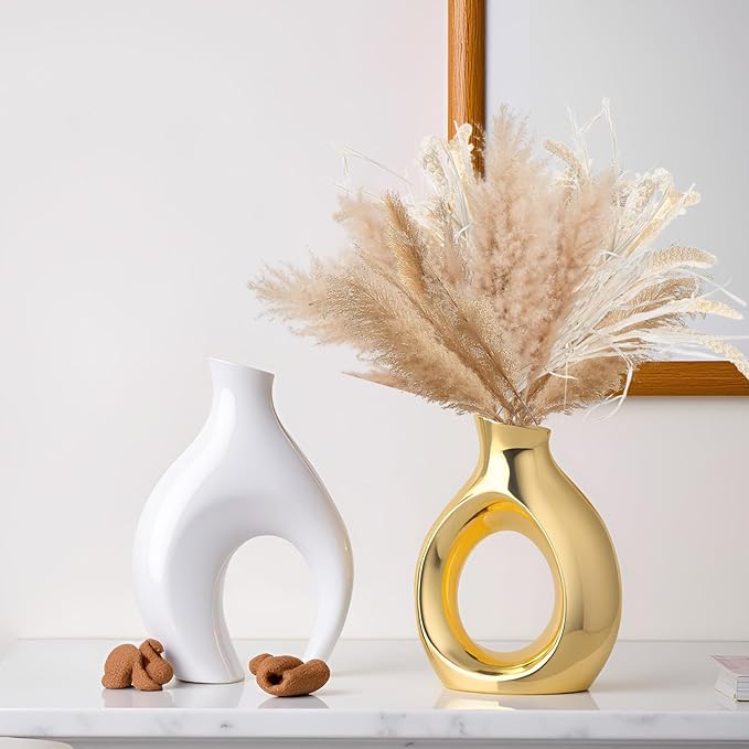 White Gold Modern Abstract Ceramic Vases for Home Decor,Nordic Snuggle Hollow Design for Flowers Pampas Grass Decorative,for Living Room Coffee Table Centerpiece,Entrance,Console (White Gold)