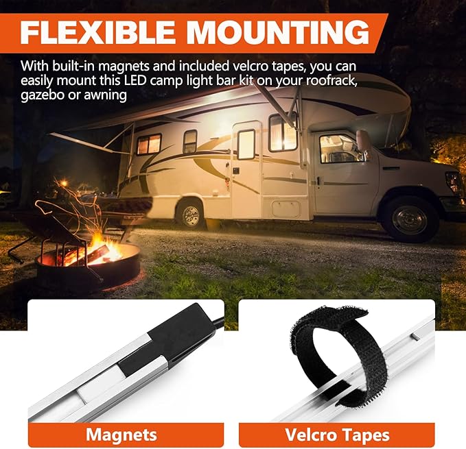 FIERYRED 12V Interior Light Bar Kit, Dimmable Camping Lights, Weatherproof IP67, Aluminum Magnetic Mount with Dimmer Switch, Portable Lights for Camping Tent Awning RV Car Trailer Boat (6 Pcs, Amber)