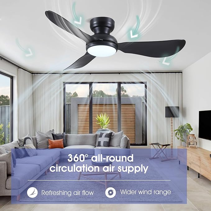 46 Inch Flush Mount Ceiling Fan with Light, 3 Reversible Blades, Remote & APP Control, 3 CCT Dimmable for Bedroom Living Room, Black