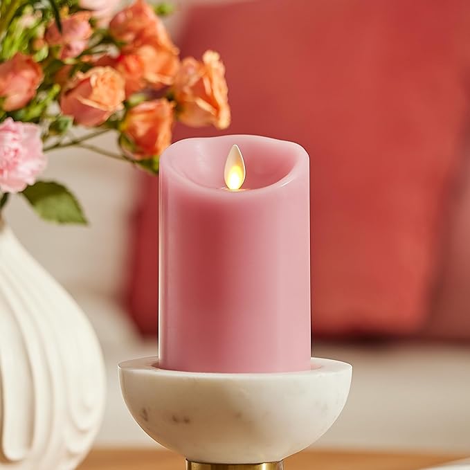 Luminara Blooming Mauve Garden Pillar Candles - Flameless Real-Flame Nature-Inspired Battery Operated LED Decor - Spring Summer Collection - 3" x 4.5"