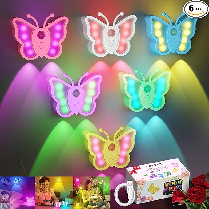 LOFTEK Rechargeable Motion Sensor Light, 2 Color Modes, Dimmable RGB Ambient Lighting, Cute Butterfly Design for Kid's Bedroom, Bathroom, Hallway, Tent & Stairs - Ideal Home Decor & Gift, 6 Pack
