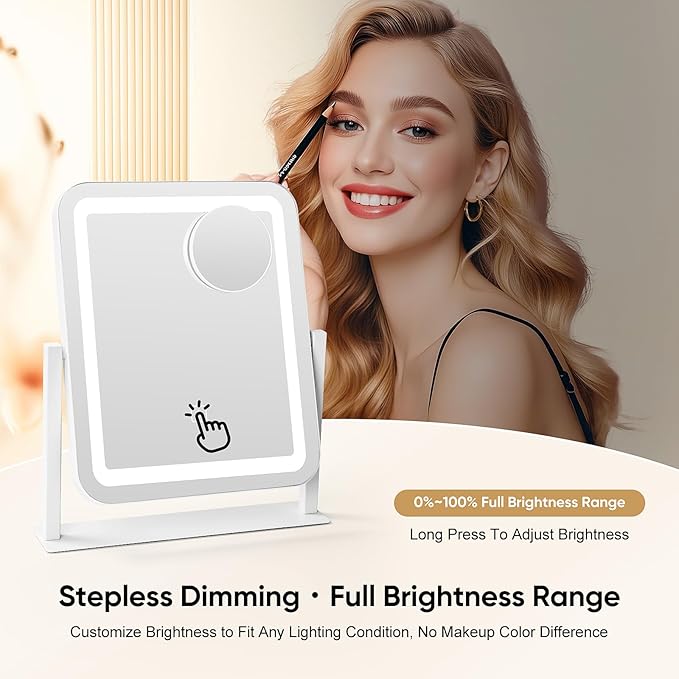 Vanity Mirror with Lights, 14.8x12.6 Inch White LED Makeup Mirror, 3-Color Dimmable LED Smart Touch Screen, 5X Magnification & 360° Rotation, Large Tabletop Makeup Mirror for Bedroom