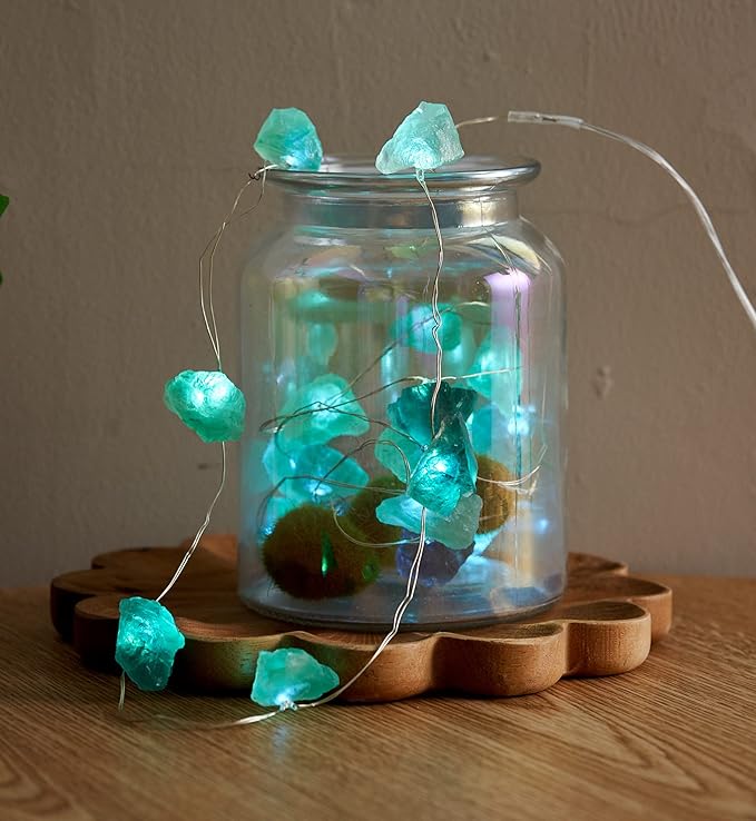 Natural Fluorite LED String Lights for Bedroom 6.5 FT USB/Battery Operated Blue Fairy Lights Sea Glass Crystal Decor Perfect Decorative Light for Bedroom Sea Glass Christmas Tree Kit