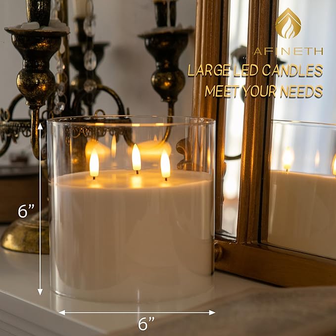 Extra Large Flameless Candles with 3 Wicks, 6"x6" Glass Battery Operated Candles with Remote, Real Wax Flickering LED Candles Fake Candle for Home, Wedding, Party, Clear