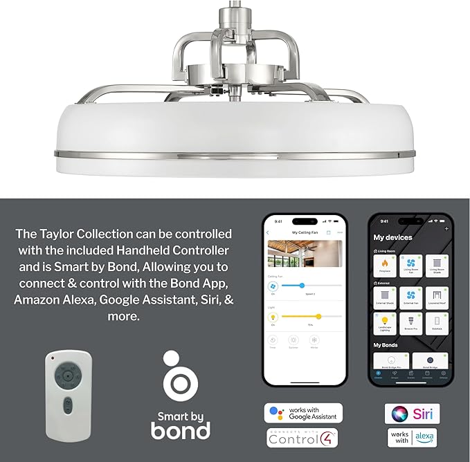 Craftmade Taylor 20" Dual Mount Indoor/Outdoor Flat Black Finish Ceiling Fan, LED Light Kit, Remote Control Included, Smart WiFi Enabled with Voice Activation (Polished Nickel)