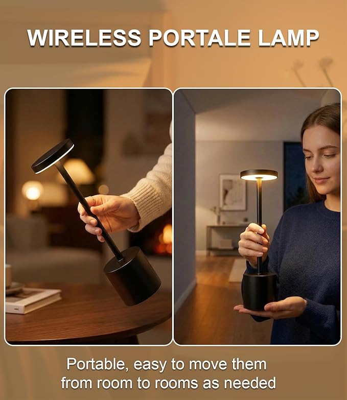 Black Cordless Table Lamp, Rechargeable 5000mAh Battery Powered Wireless Table Light, 3 Color Dimmable Lighting, Patio Outdoor Table Lamp, Bedside Night Lamp, Ambient Light for Dining