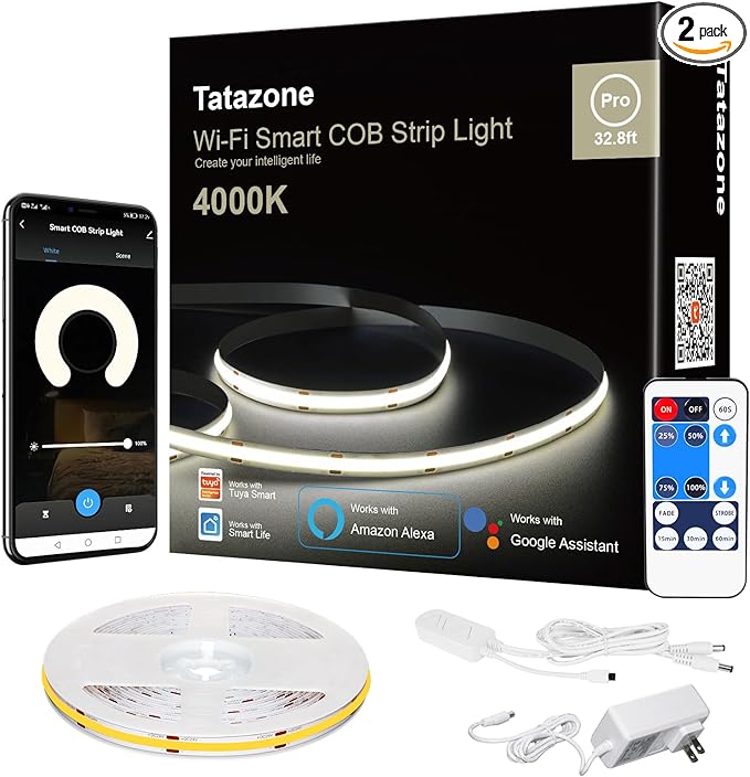 Smart White COB Led Strip Light with App and Remote, 32.8ft 4000K Bright WiFi COB Light Strip Compatible with Alexa and Google, Dimmable Indoor Led Lights for Room, Cabinet