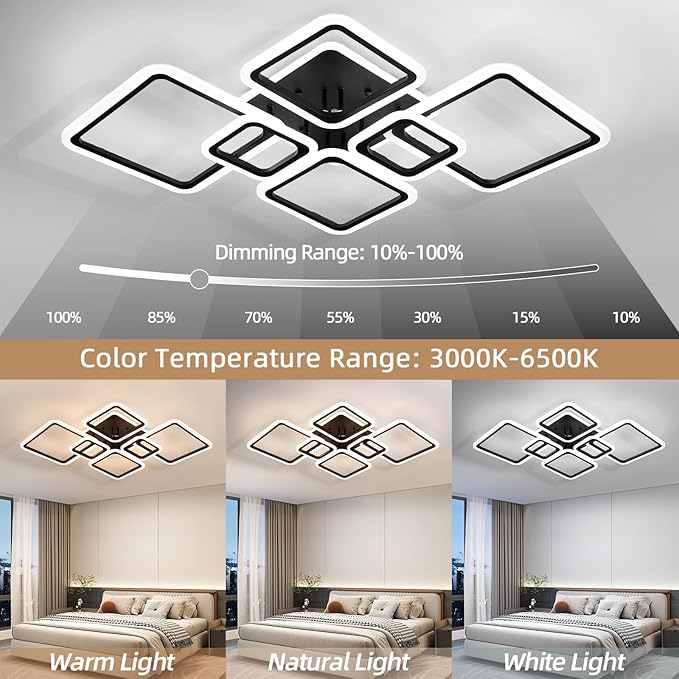Smart LED Ceiling Light, 40.2″ Square Flush Mount Fixture, 6+1 Ring Modern Design, 130W Dimmable Acrylic Light with Remote, WiFi Alexa & App Control for Bedroom Living Room Dining Room (Black)