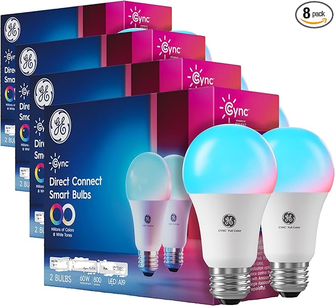 Cync GE A19 LED Smart Light Bulbs,Room Decor Aesthetic Bluetooth and WiFi Color Changing Lights,LED Indoor Light Bulb,Compatible with Alexa and Google,2 Count (Pack of 4)