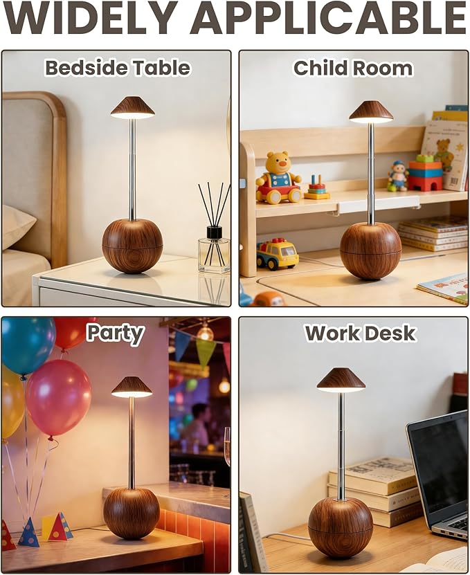 yadoker Tumbler Table Lamp with Remote, Cordless Touch Bedside Lamp, Rechargeable USB Small Lamp for Nightstand, Multiple Colors Dimmable Mushroom Shape Night Light for Nursery, Bedroom (Walnut)
