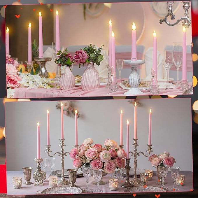 Baquler 120 Pcs Flameless Taper Candles with Remote and Timer 11" Battery Operated Candlesticks LED Flickering Faux Candles Warm Light for Wedding Holiday Party Home Decor (Pink)