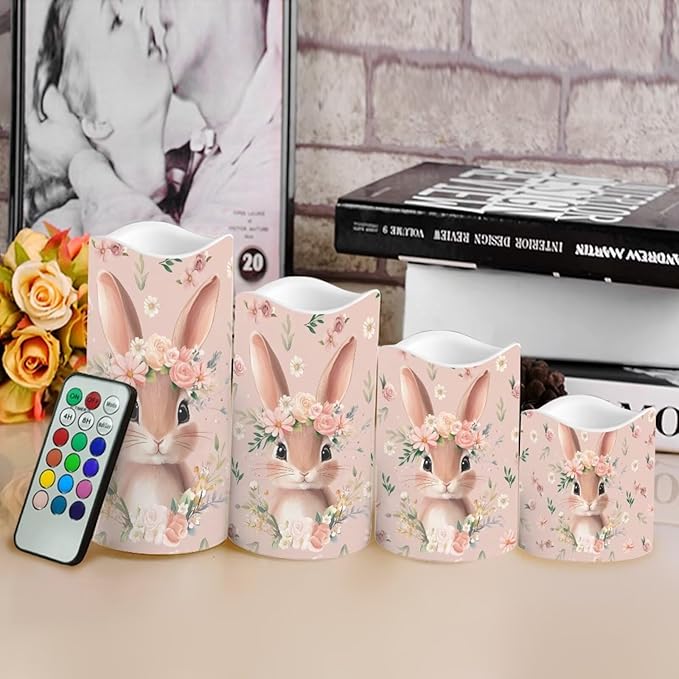 Cute Bunny Pink Floral Plastic Flameless Candles with Remote Control and Timer LED Flickering Battery Operated Color Changing Electric Pillar Candles Easter Decoration