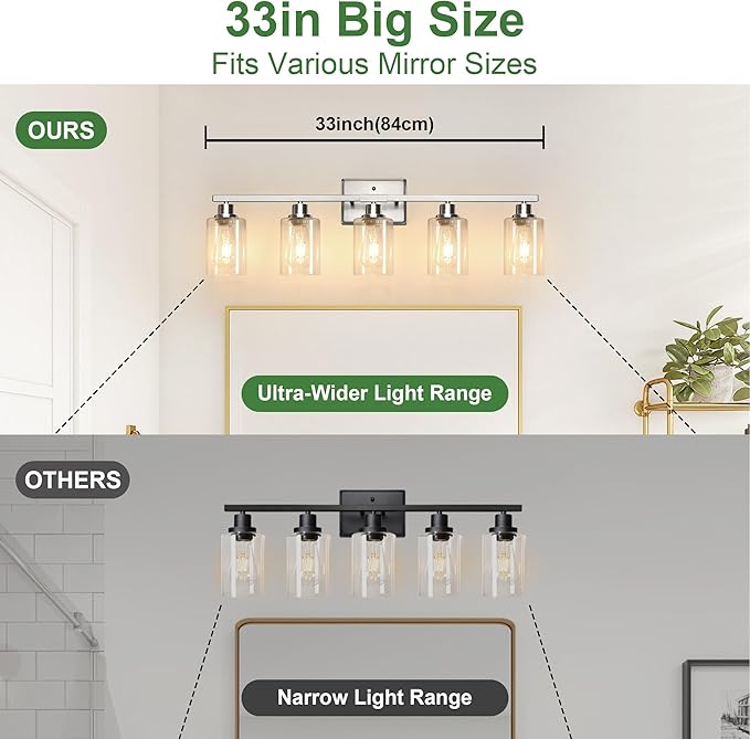 Ascher Bathroom Light Fixtures, 5-Light Vanity Lights with Clear Glass Shade, Modern Brushed Nickel Wall Light for Mirror Bedroom Hallway Cabinet Porch