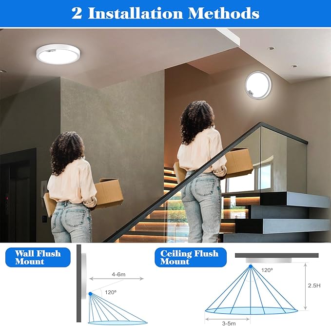 Motion Sensor Ceiling Light Wired, LED Flush Mount Ceiling Light Fixture 18W/1600LM, Motion Sensor Light Indoor for Stair Closet Porch Hallway Laundry, Time Dimmable Ceiling Lights 3000k/4000k/6000k