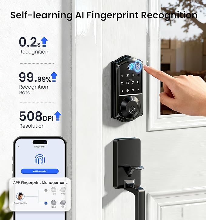Veise VE017-D Smart Fingerprint Front Door Lock Set, App Control, 8-in-1 Keyless Entry Deadbolt with Lever Handle, Touchscreen Keypad, IP55 Weatherproof, Auto Lock, Easy Install, Matte Black