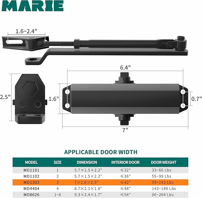 MARIE Automatic Adjustable Size 3 Spring Hydraulic Door Closer Heavy Duty Auto Closer for Residential and Commercial Doors, Black