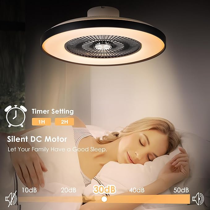 24" Bladeless Ceiling Fans with Lights and Remote/APP/Voice Control, Low Profile Ceiling Fan with RGB Lights, Enclosed Flush Mount Ceiling Fan for Kid's Bedroom/Living Room