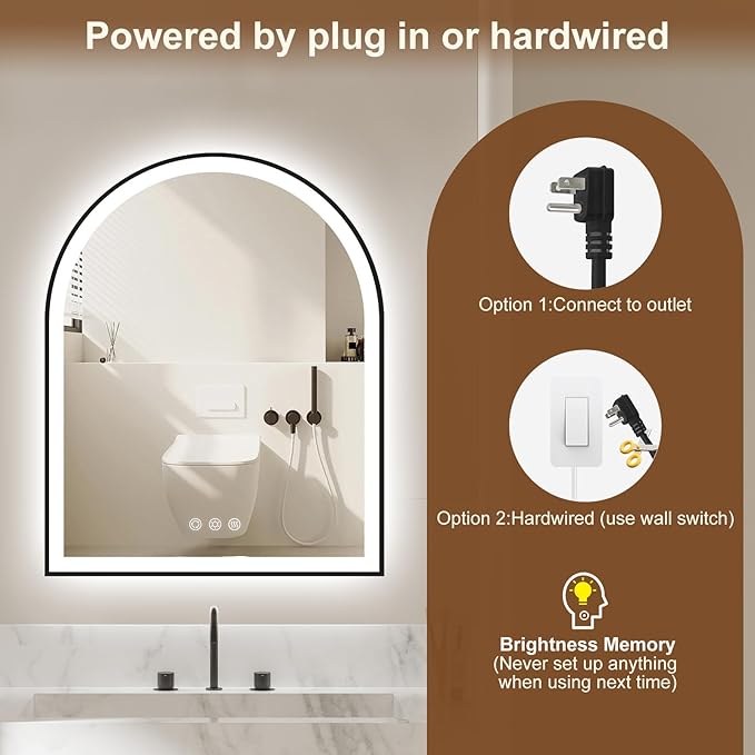 Arched LED Mirror for Bathroom 24"x30", Black Lighted Bathroom Mirror with Lights-Fogless, Dimmable, 3 Color Changing, Shatterproof, Touch Sensor