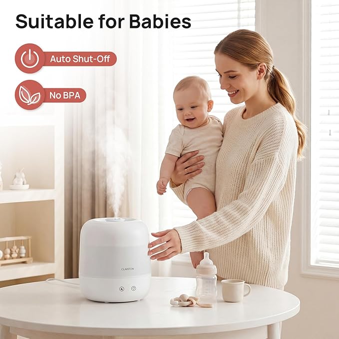 Clarston 2L Cool Mist Humidifier for Bedroom with 360° Adjustable Nozzle, High and Low Mist Levels, Ultra-Low Noise, Light-Off, No BPA, Auto Shut Off, Ideal Baby Humidifier with Easy Top Filling