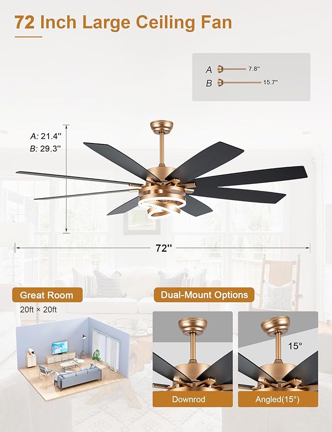 Gold Ceiling Fans with Lights, 72 Inch Large Modern Ceiling Fan with Remote Control for Living Room Kitchen, 3 CCT, 6 Speed Reversible DC Motor, Dual Finish