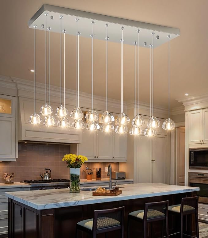 W35 x D11.8 x H118 Rectangular Chandelier Bubble Crystal Balls Glam Chandeliers Dimmable Light High Ceiling Pendants Light Fixtures Adjustable Long Lights Brushed Nickel