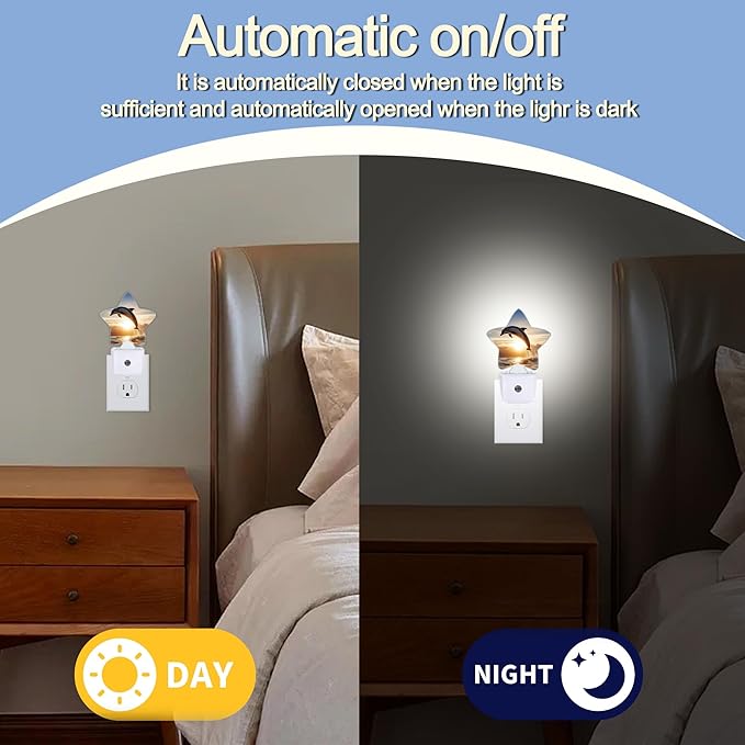 Night Light,Ocean Dolphin Plug into Wall with Dusk to Dawn Light Sensors,Tropical Beach Sunset Warm Star Nightlights for Bedroom,Bathroom,Hallway,Kitchen Home Decor Desk Lamp
