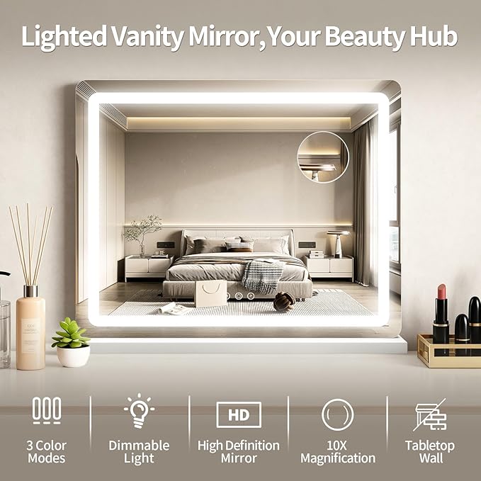 ROLOVE Vanity Mirror with Lights, 23"x18" Large Makeup Mirror with Lights, 10x Magnification, Wall Mounted LED Mirror for Bathroom, Dimmable Touch Control, Desk Mirror