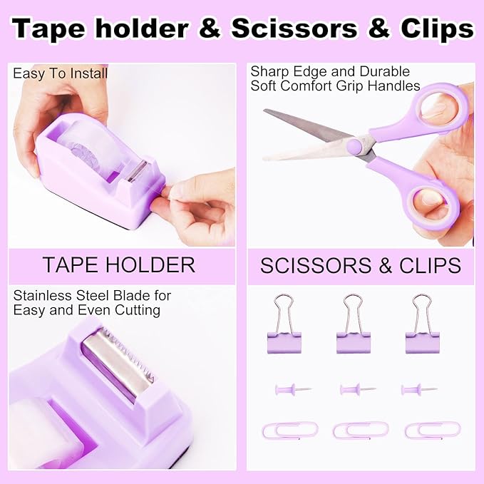 Purple Desk Organizers and Accessories Set with 360-Degree Rotating Pen Holder, Tape Dispenser, Stapler, Staple Remover, 1000 Staples, Tape, Clips Set, Ruler, Scissor, Pen