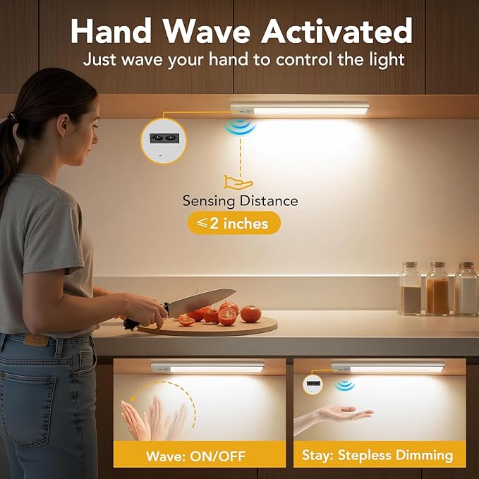 Under Cabinet Lighting with Hand Wave, 78 LED Motion Sensor Light, Rechargeable Closet Lights with 3 Color Temps, 11.8 Inch Dimming Magnetic Strip Night Lights for Kitchen, Wardrobe, Stairs (2 Pack)