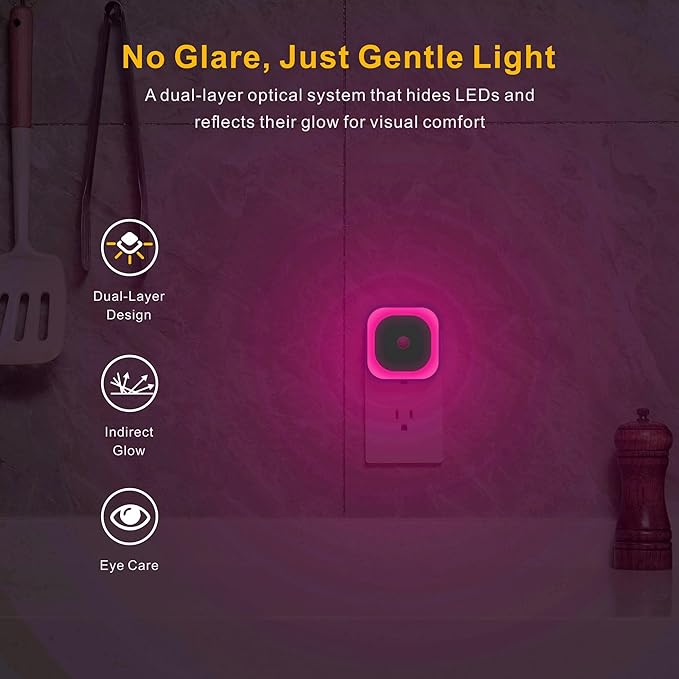 2 Pack Plug in Night Light with Motion Sensor & Dusk to Dawn Sensor, Soft Pink Glow for Bedroom, Hallway, Girls Room, 3 Sensor Modes, Auto ON/Off, Dimmable Nightlight for Bathroom