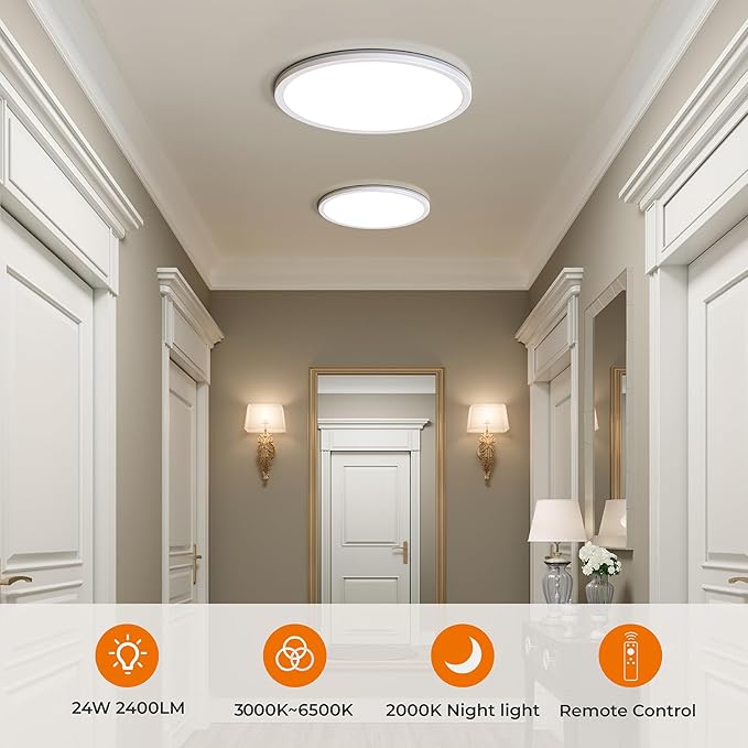 Matane 12in LED Flush Mount Ceiling Light Fixture with Remote Control, Nightlight 2000K Warm, 3000K-6500K Adjustable, Wired Low Profile Ceiling Lights for Bedroom, Kitchen, Living Room, White