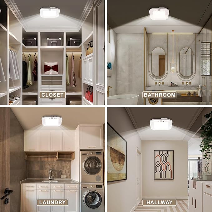 Rechargeable Motion Sensor Ceiling Light, No Wiring Battery Operated Ceiling Light with Remote, Wireless Motion Activated Shower Light Battery Powered for Bathroom Pantry Hallway Porch