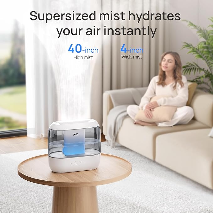 Dreo Humidifiers for Bedroom, 4L Top Fill for Large Room, 36H Runtime, 28 dB Quiet Supersized Cool Mist Air Humidifier for Baby Nursery, Plants, Indoor, Night Light, Easy to Clean & Fill, Gray