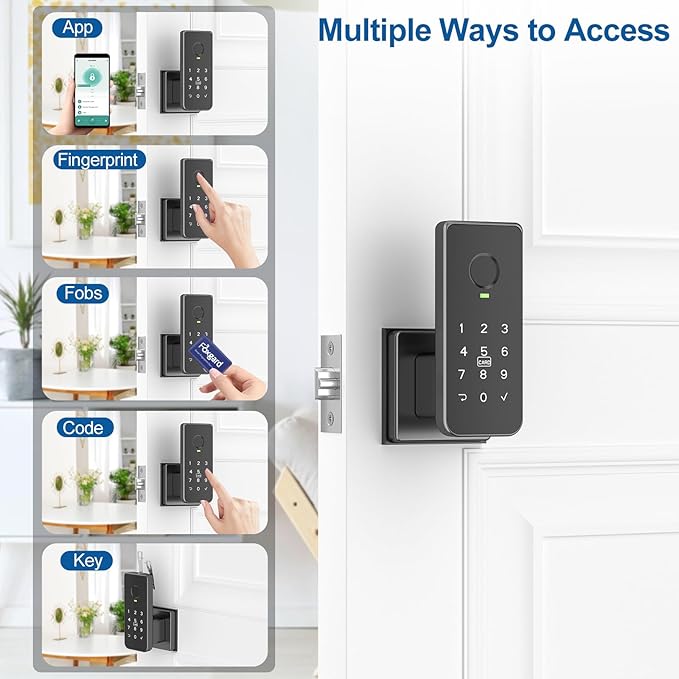 Foxgard Fingerprint Door Lock – 5-in-1 Biometric Smart Lock with Keypad, App Control, Key, Auto-Lock, Electronic Deadlock – Keyless Entry for Bedroom, Office, Indoor Use – Includes 2 IC Cards