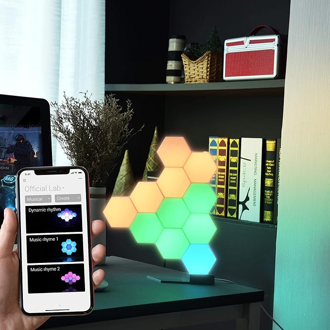 Yescom APP Control Hexagon Lights 11 Pack Table Lamp with 4 Expansion Panels Music Sync Smart WiFi Bedroom Gaming Room Compatible with Alexa & Google