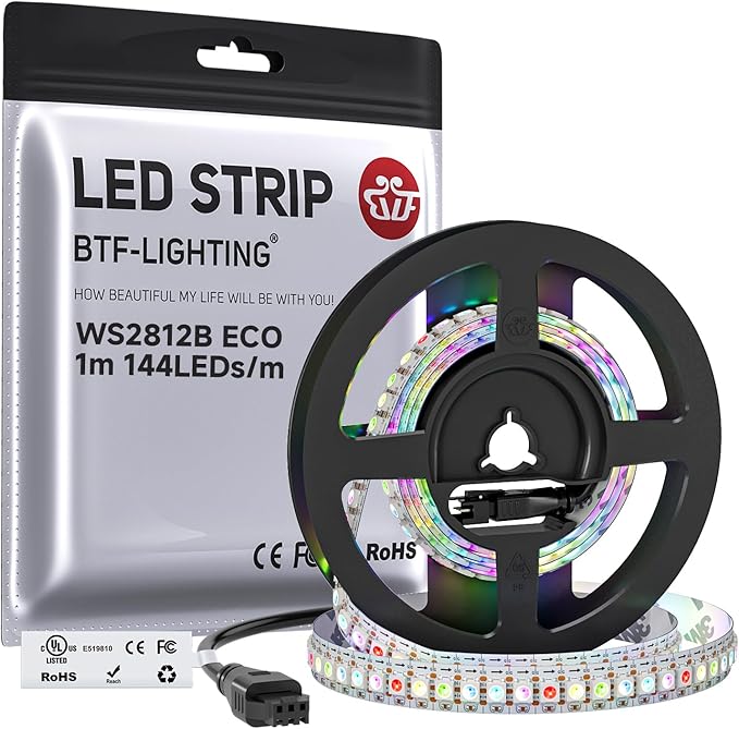 BTF-LIGHTING WS2812B ECO RGB LED Strip,UL Listed,Individually Addressable,3.28FT 144LED/m 144Pixel DC5V 5050SMD,Alloy Wire Flexible 3M Tape for DIY Chasing Color Project IP30(No Adapter or Controller)