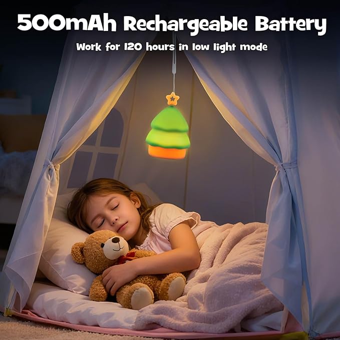 Squishy Christmas Tree Night Light with RGB Modes Dimmable Nursery Breastfeeding Nightlight Hangable Cute Christmas Lamp Novelty Rechargeable Silicone Touch Bedside Lamp for Bedroom Dorm Decor