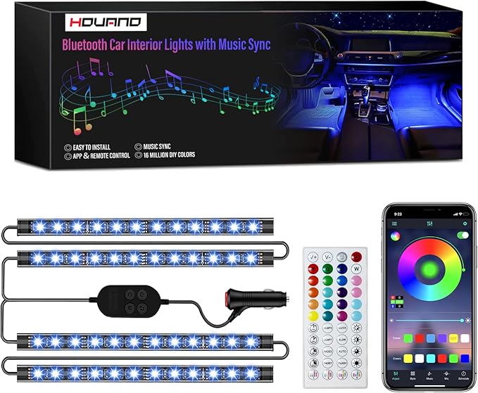 Car Interior LED Lights, APP Control with Car Charger, RGB Color Change with Music Sync & DIY Mode, 12V 2 Lines Design for Under Dash Running Board Truck