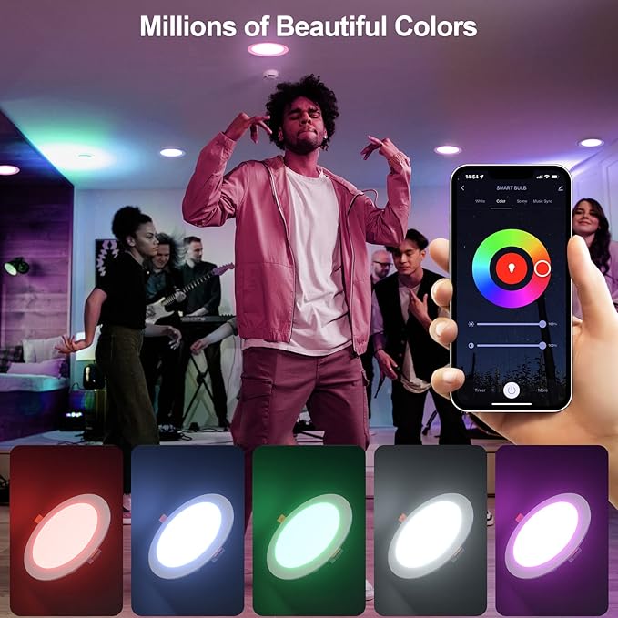 ORALUCE Smart Recessed Lighting 6 Inch, WiFi＆Bluetooth Color Changing Retrofit LED Can Lights, 13W 1050LM RGBCW 2700-6500K Ultra-Thin Wafer Lights Compatible with Alexa/Google Assistant, 1Pack
